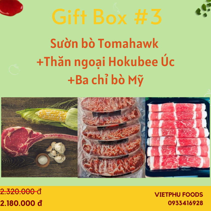 GIFT BOX 3 - SƯỜN BÒ TOMAHAWK + THĂN NGOẠI HOKUBEE ÚC + BA CHỈ BÒ MỸ